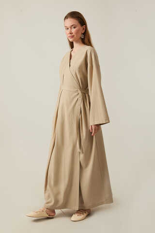 Yakası Pile Detaylı Keten Abaya Bej - 8