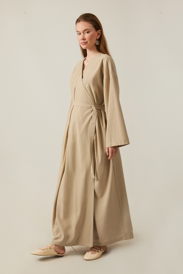 Yakası Pile Detaylı Keten Abaya Bej - 8