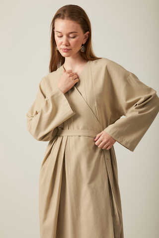 Yakası Pile Detaylı Keten Abaya Bej - 9