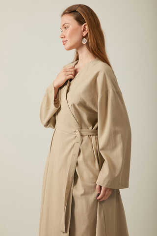 Yakası Pile Detaylı Keten Abaya Bej - 3