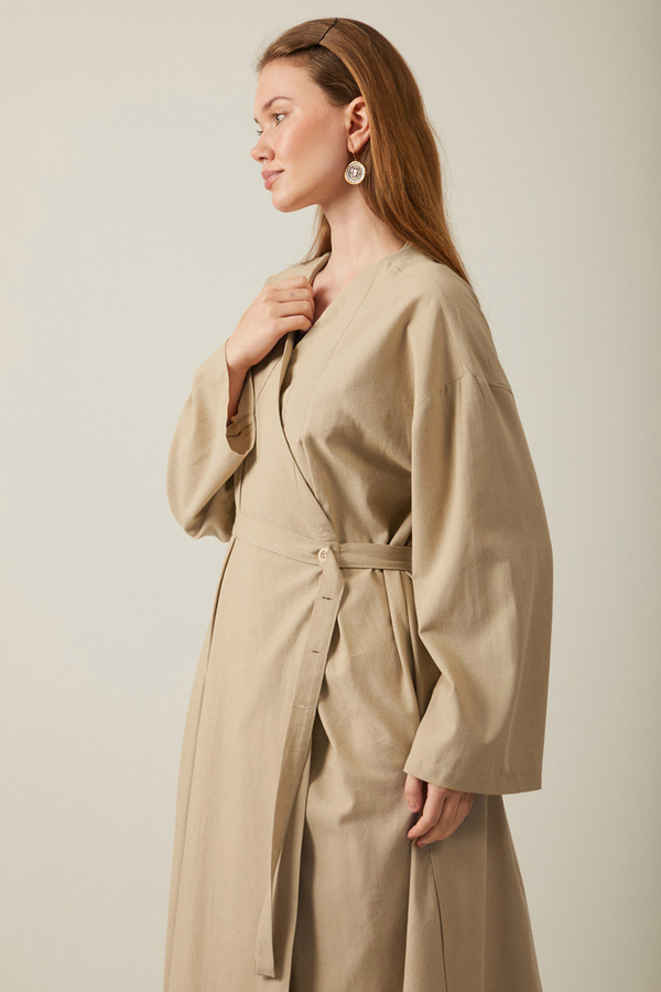Yakası Pile Detaylı Keten Abaya Bej - 3