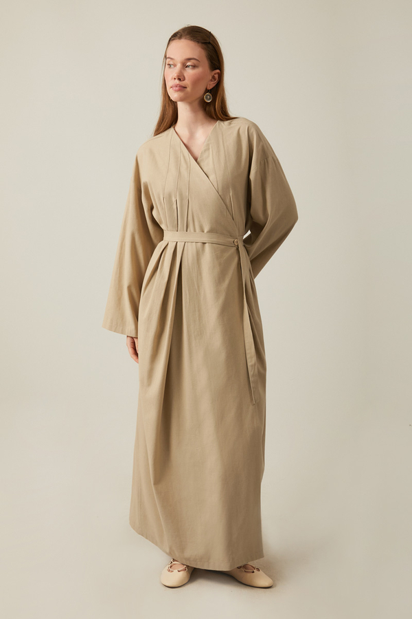 Yakası Pile Detaylı Keten Abaya Bej - 16