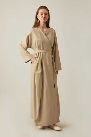 Yakası Pile Detaylı Keten Abaya Bej - 6