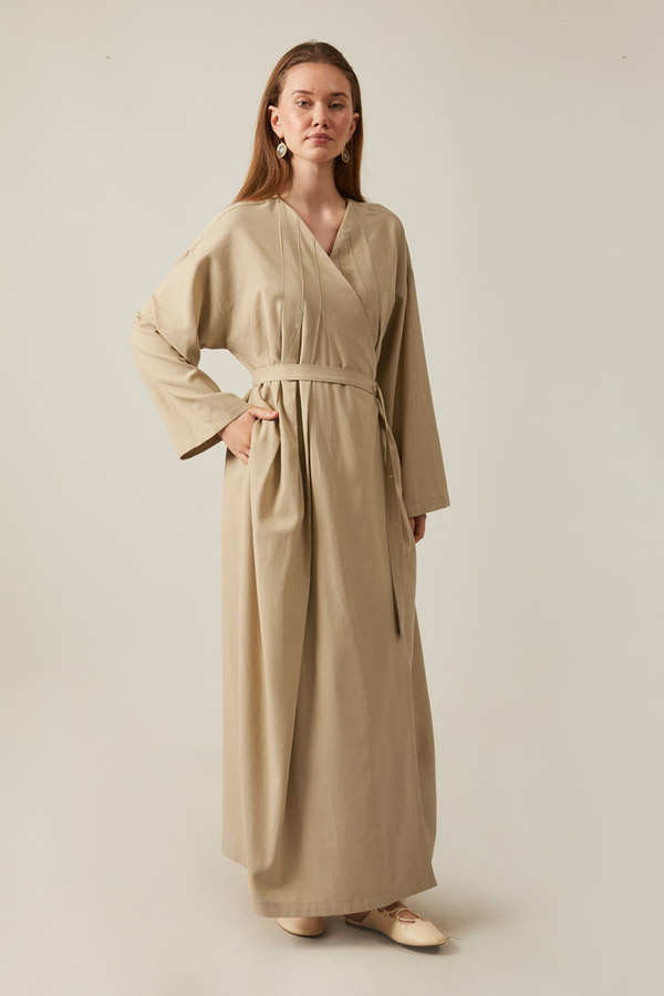 Yakası Pile Detaylı Keten Abaya Bej - 6