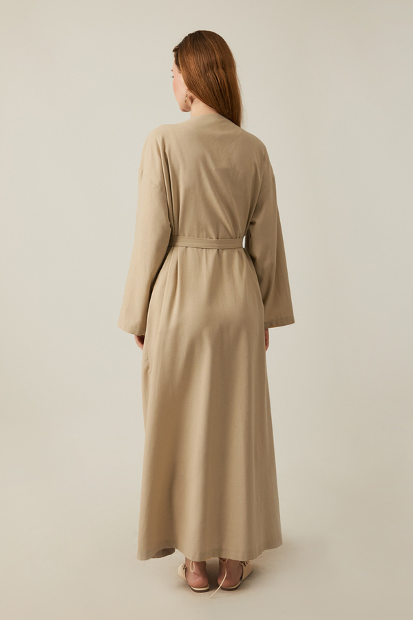 Yakası Pile Detaylı Keten Abaya Bej - 17