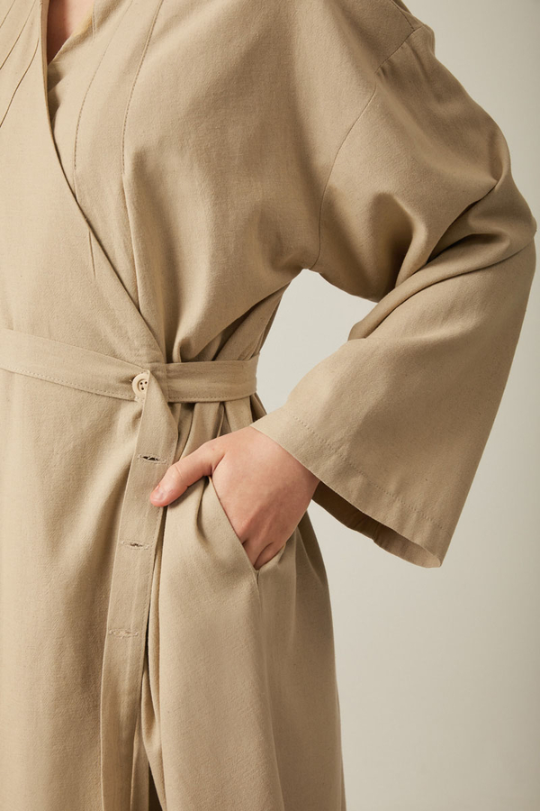 Yakası Pile Detaylı Keten Abaya Bej - 4