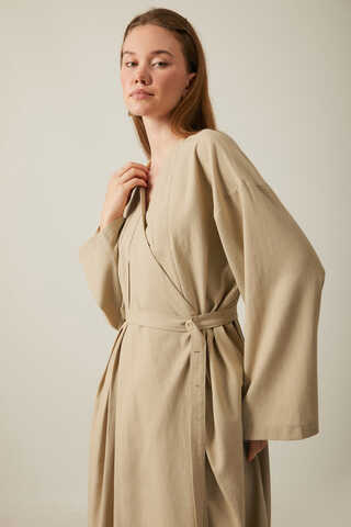 Yakası Pile Detaylı Keten Abaya Bej - 5