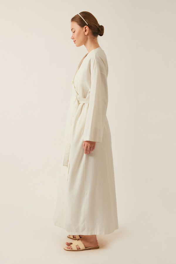 Yakası Pile Detaylı Keten Abaya Beyaz - 10