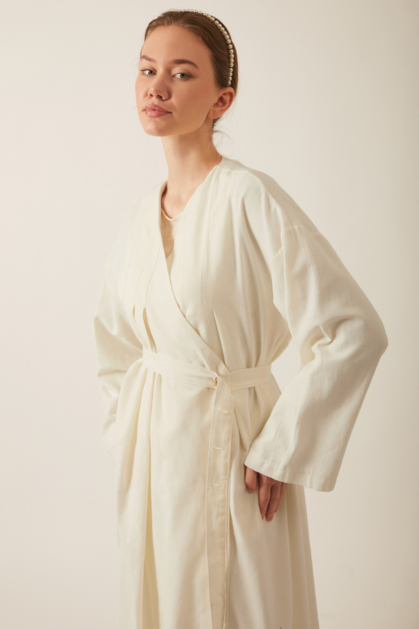 Yakası Pile Detaylı Keten Abaya Beyaz - 7