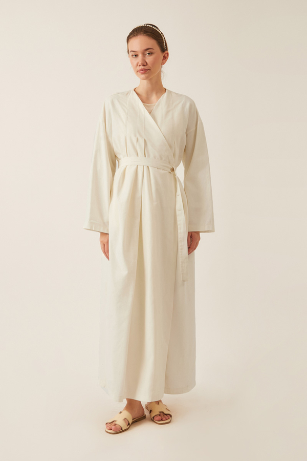 Yakası Pile Detaylı Keten Abaya Beyaz - 2