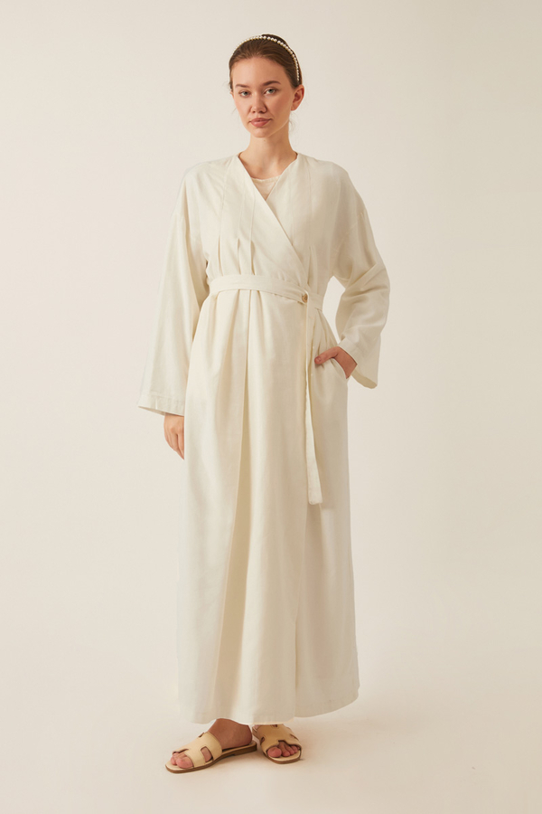 Yakası Pile Detaylı Keten Abaya Beyaz - 9