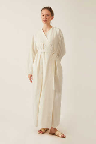 Yakası Pile Detaylı Keten Abaya Beyaz - 5