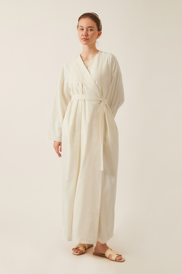 Yakası Pile Detaylı Keten Abaya Beyaz - 5