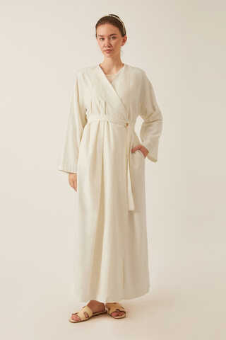 Yakası Pile Detaylı Keten Abaya Beyaz - 9