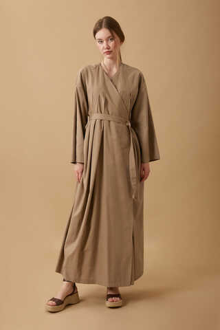 Yakası Pile Detaylı Keten Abaya Camel - 10