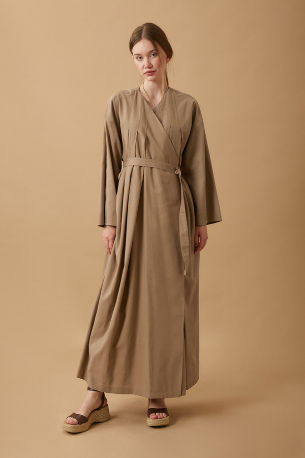 Yakası Pile Detaylı Keten Abaya Camel - 10