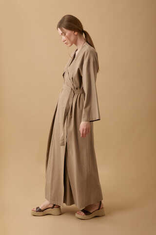Yakası Pile Detaylı Keten Abaya Camel - 11