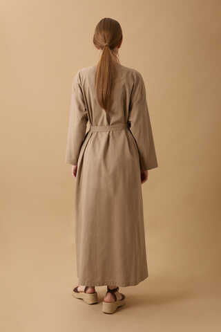 Yakası Pile Detaylı Keten Abaya Camel - 15