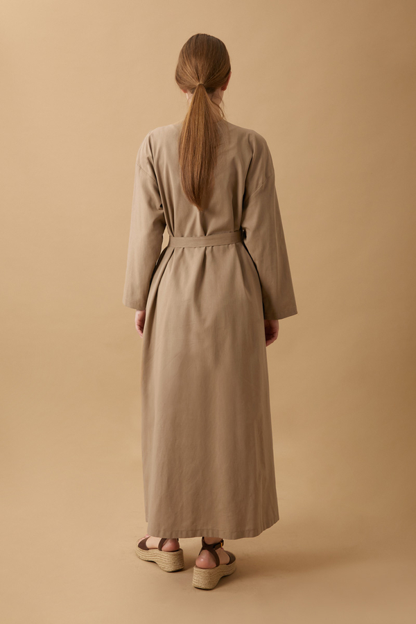 Yakası Pile Detaylı Keten Abaya Camel - 15