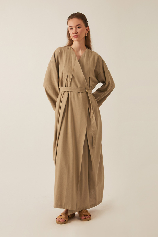 Yakası Pile Detaylı Keten Abaya Camel - 1
