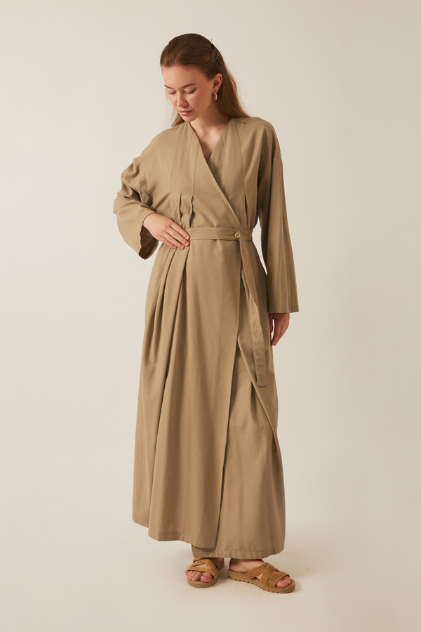 Yakası Pile Detaylı Keten Abaya Camel - 4