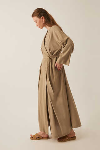 Yakası Pile Detaylı Keten Abaya Camel - 7