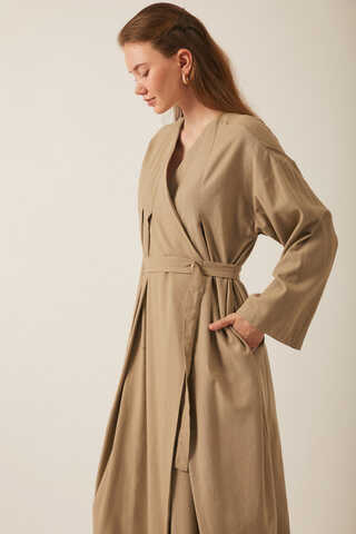 Yakası Pile Detaylı Keten Abaya Camel - 3