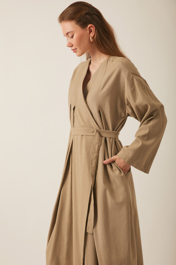Yakası Pile Detaylı Keten Abaya Camel - 3