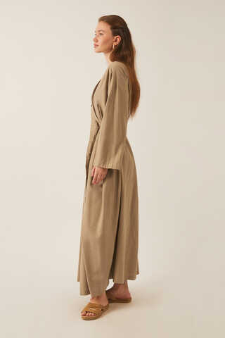 Yakası Pile Detaylı Keten Abaya Camel - 5