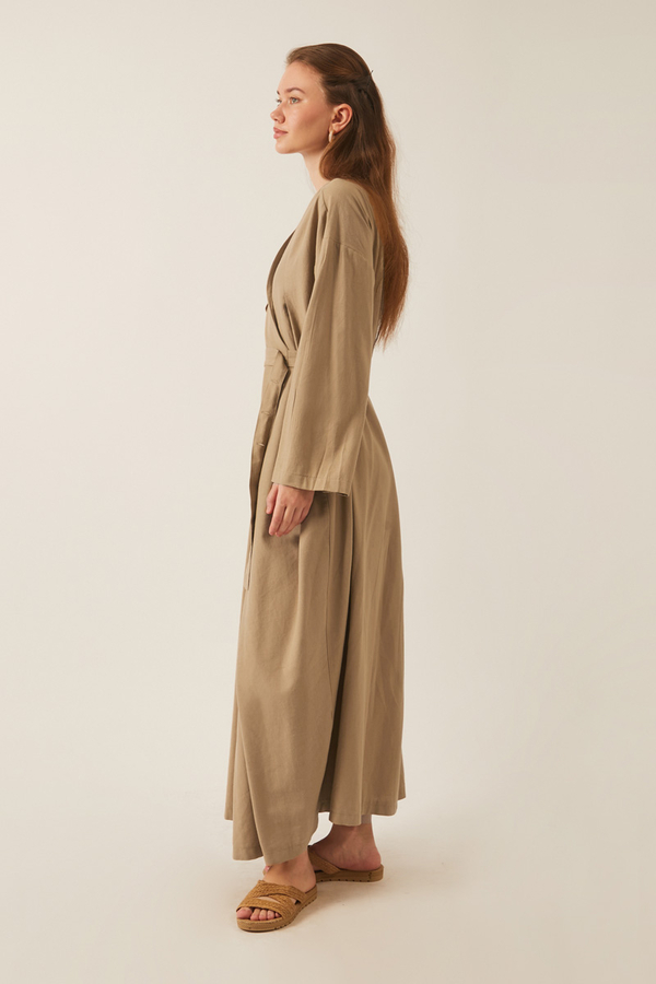 Yakası Pile Detaylı Keten Abaya Camel - 5