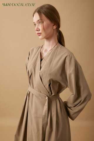 Yakası Pile Detaylı Keten Abaya Camel - 9