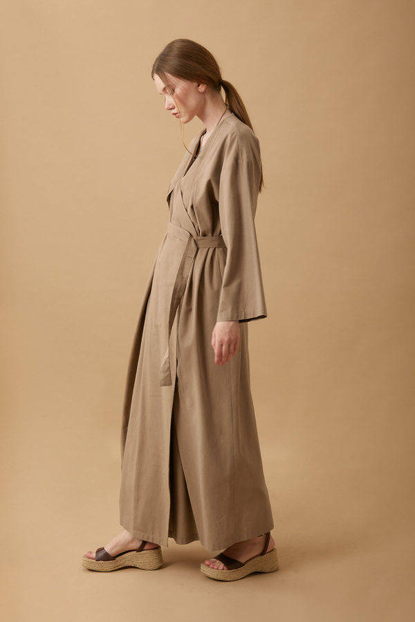 Yakası Pile Detaylı Keten Abaya Camel - 11