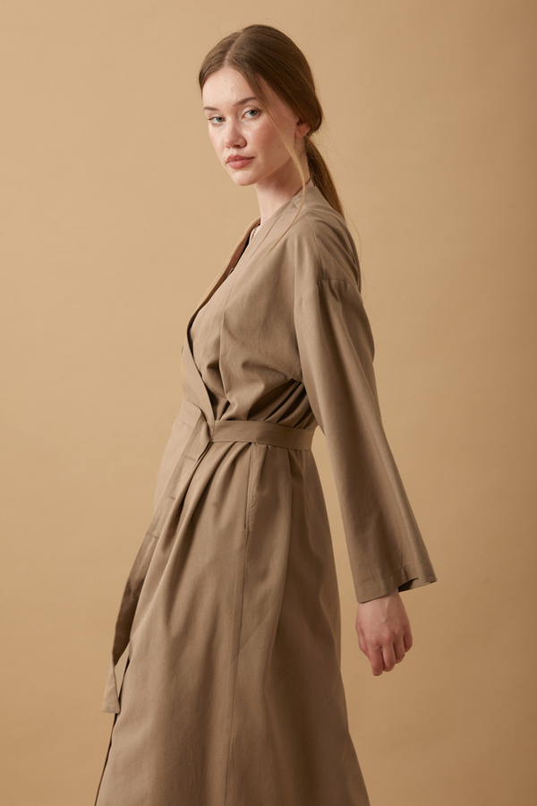 Yakası Pile Detaylı Keten Abaya Camel - 12