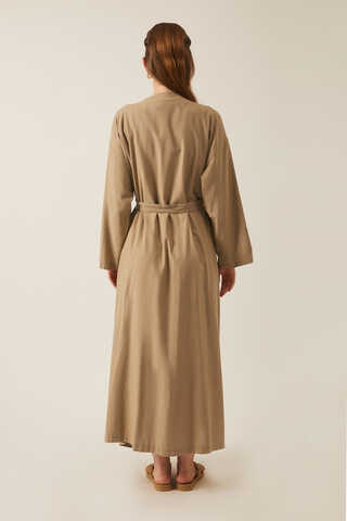 Yakası Pile Detaylı Keten Abaya Camel - 6