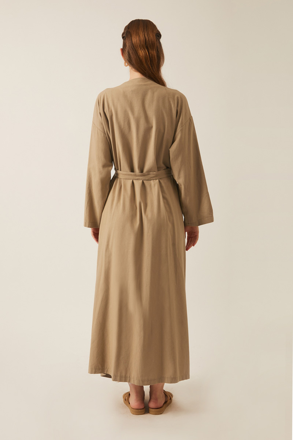 Yakası Pile Detaylı Keten Abaya Camel - 6