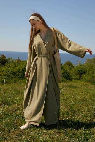 Yakası Pile Detaylı Keten Abaya Haki - 3
