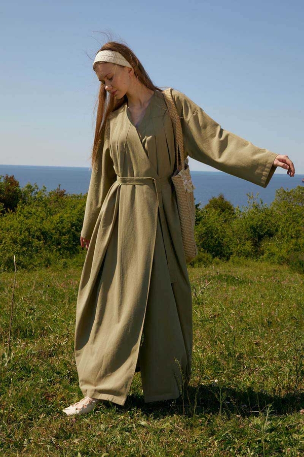 Yakası Pile Detaylı Keten Abaya Haki - 3