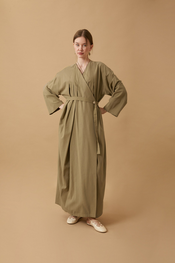 Yakası Pile Detaylı Keten Abaya Haki - 12