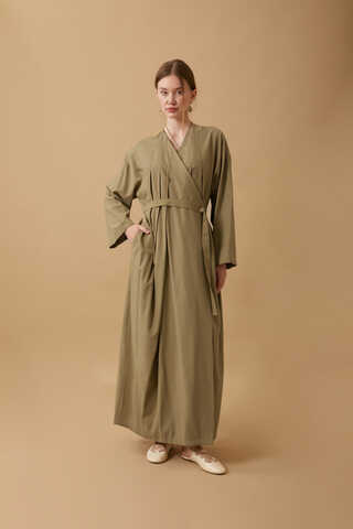 Yakası Pile Detaylı Keten Abaya Haki - 14