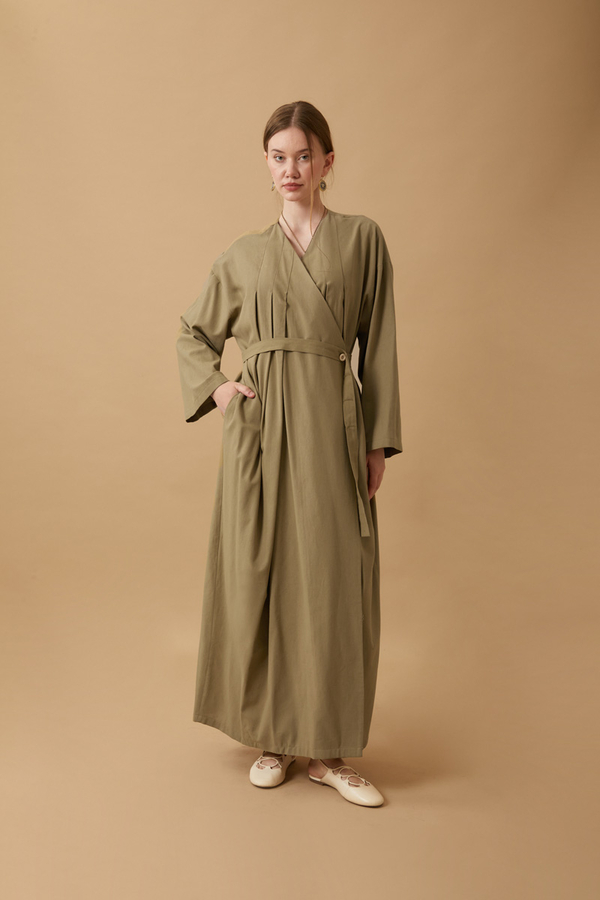 Yakası Pile Detaylı Keten Abaya Haki - 14