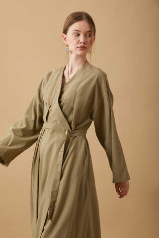 Yakası Pile Detaylı Keten Abaya Haki - 16