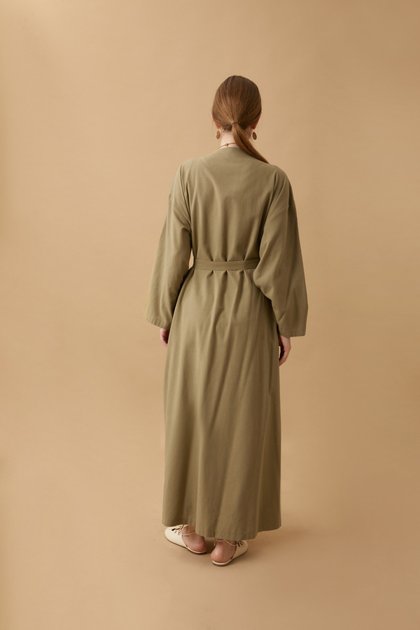 Yakası Pile Detaylı Keten Abaya Haki - 21