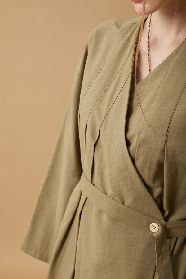 Yakası Pile Detaylı Keten Abaya Haki - 15