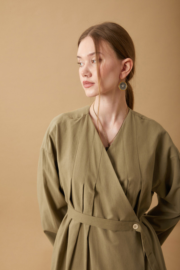 Yakası Pile Detaylı Keten Abaya Haki - 13