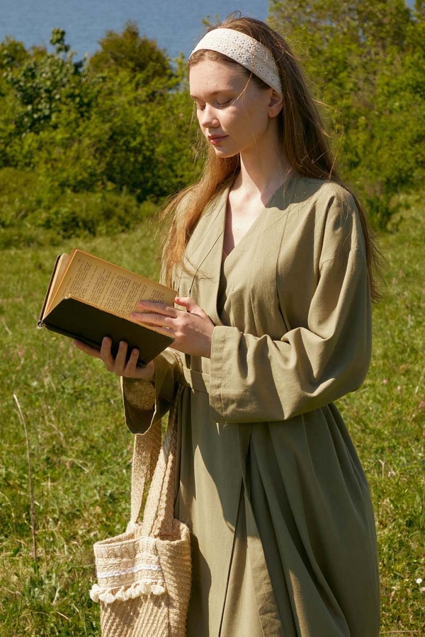 Yakası Pile Detaylı Keten Abaya Haki - 2