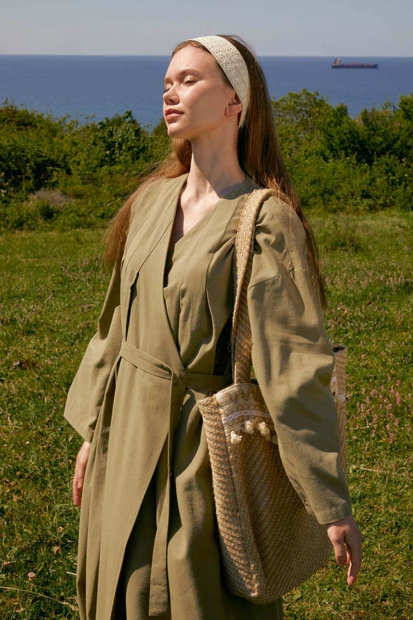 Yakası Pile Detaylı Keten Abaya Haki - 5
