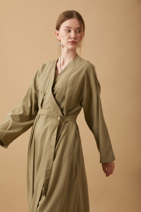 Yakası Pile Detaylı Keten Abaya Haki - 16