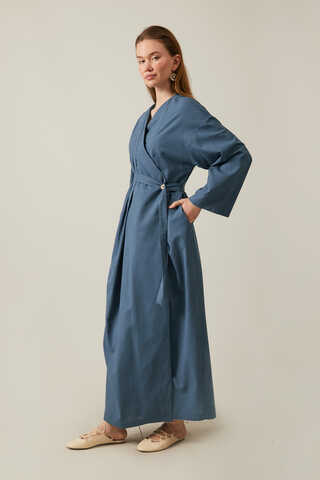 Yakası Pile Detaylı Keten Abaya İndigo - 4