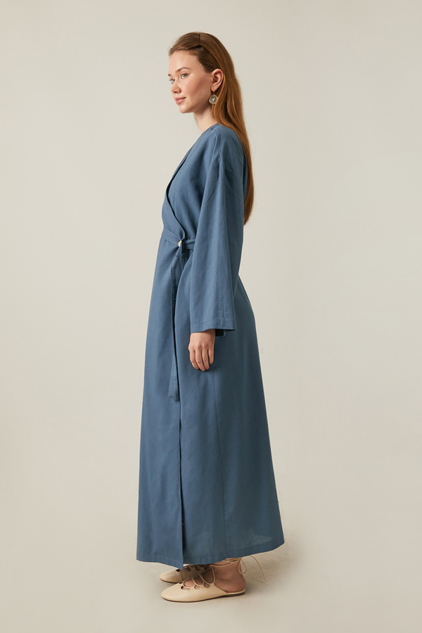 Yakası Pile Detaylı Keten Abaya İndigo - 6