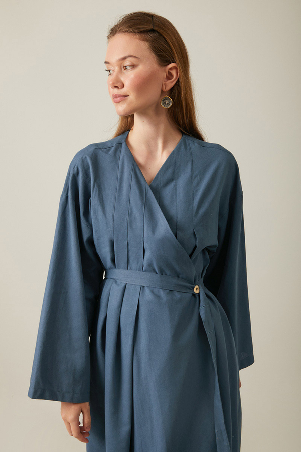 Yakası Pile Detaylı Keten Abaya İndigo - 9